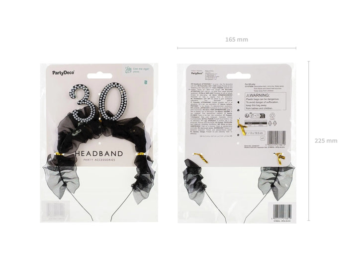 30th Birthday Headband – Black Ruffle Hairband With Pearl 30 - Luxury Birthday Crown for Thirtieth Birthday - Elegant Party Accessory - Jolie Fete UK