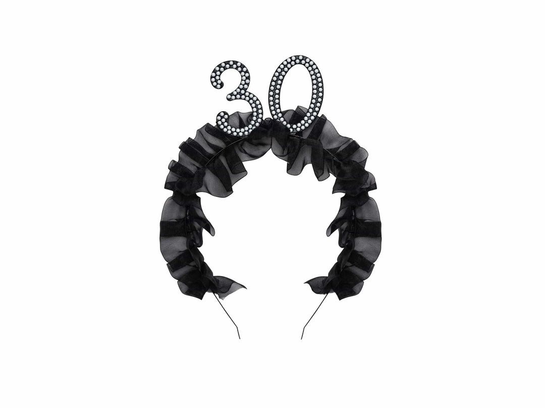 30th Birthday Headband – Black Ruffle Hairband With Pearl 30 - Luxury Birthday Crown for Thirtieth Birthday - Elegant Party Accessory - Jolie Fete UK