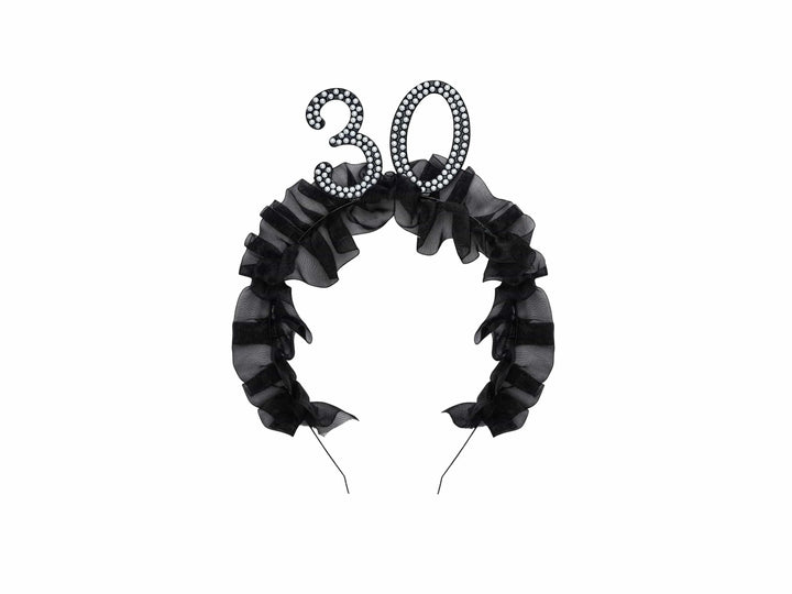 30th Birthday Headband – Black Ruffle Hairband With Pearl 30 - Luxury Birthday Crown for Thirtieth Birthday - Elegant Party Accessory - Jolie Fete UK