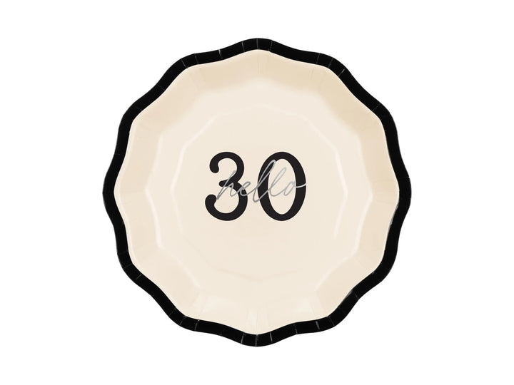 30th Birthday Paper Plates - Hello 30 Milestone Birthday-Cream & Black Party Paper Plates-Modern Party Tableware for 30th Birthday-Pack Of 6 - Jolie Fete UK