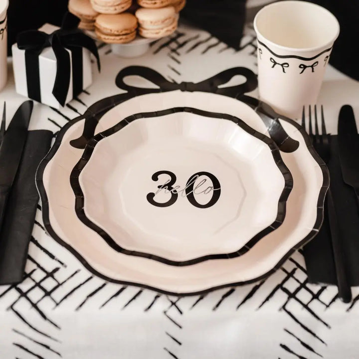 30th Birthday Paper Plates - Hello 30 Milestone Birthday-Cream & Black Party Paper Plates-Modern Party Tableware for 30th Birthday-Pack Of 6 - Jolie Fete UK