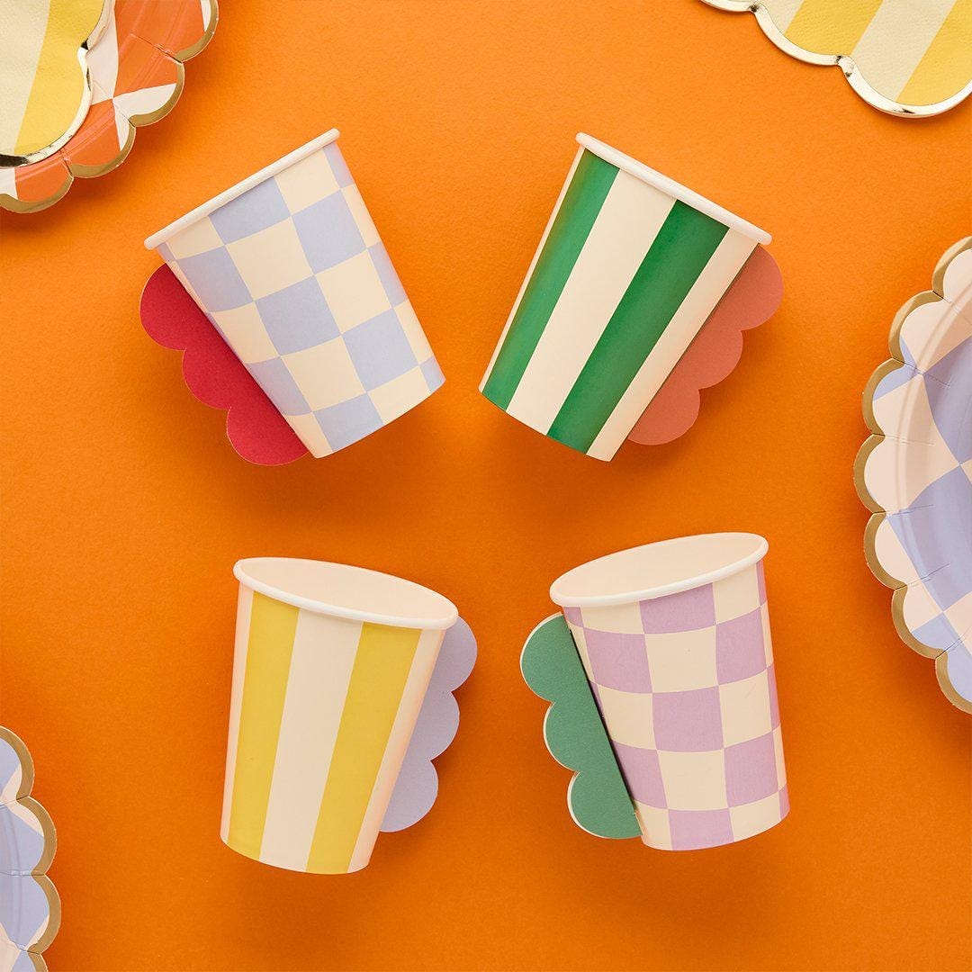 3D Paper Cups - Rainbow Birthday Cups - Kids Party Tableware - Geometric Scalloped Trim - Checkered & Striped Drinking Cups - Colourful Cups - Jolie Fete UK