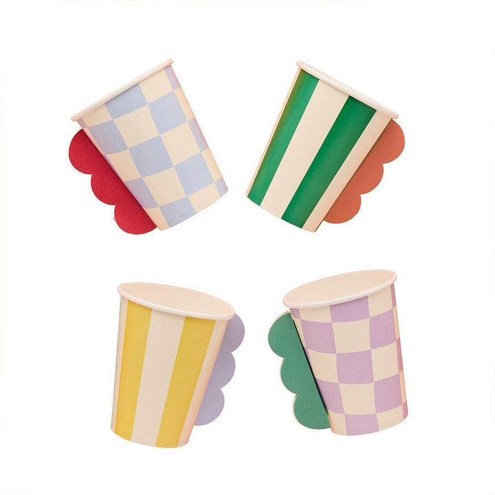3D Paper Cups - Rainbow Birthday Cups - Kids Party Tableware - Geometric Scalloped Trim - Checkered & Striped Drinking Cups - Colourful Cups - Jolie Fete UK