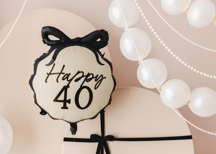 40th Birthday Balloon – Black & Cream Happy 40 Foil Balloon - Coquette Theme With Scallop Edge And Bow - Inflate With Helium Or Air - Jolie Fete UK
