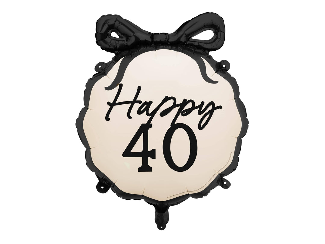 40th Birthday Balloon – Black & Cream Happy 40 Foil Balloon - Coquette Theme With Scallop Edge And Bow - Inflate With Helium Or Air - Jolie Fete UK