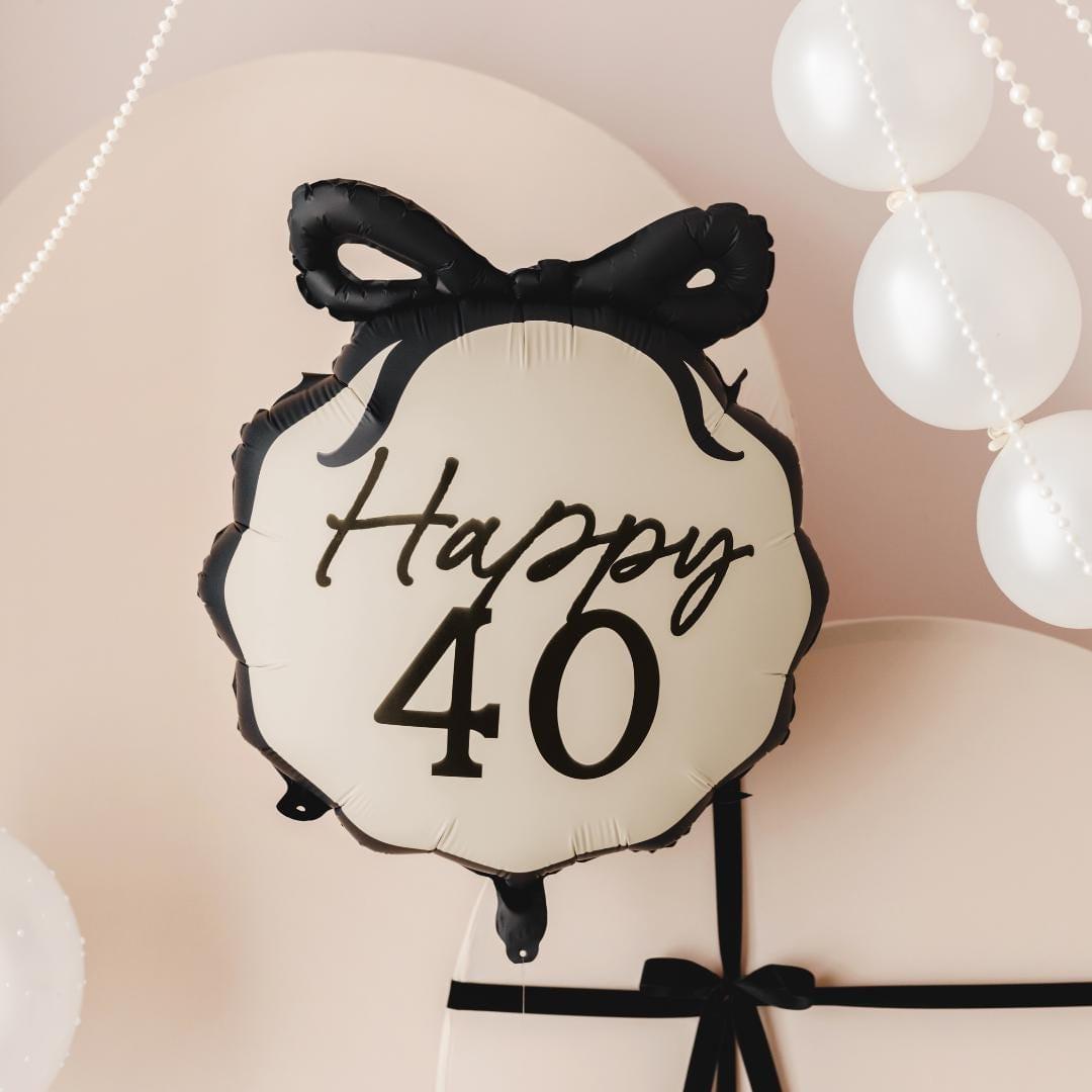 40th Birthday Balloon – Black & Cream Happy 40 Foil Balloon - Coquette Theme With Scallop Edge And Bow - Inflate With Helium Or Air - Jolie Fete UK