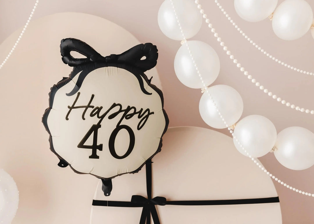 40th Birthday Balloon – Black & Cream Happy 40 Foil Balloon - Coquette Theme With Scallop Edge And Bow - Inflate With Helium Or Air - Jolie Fete UK