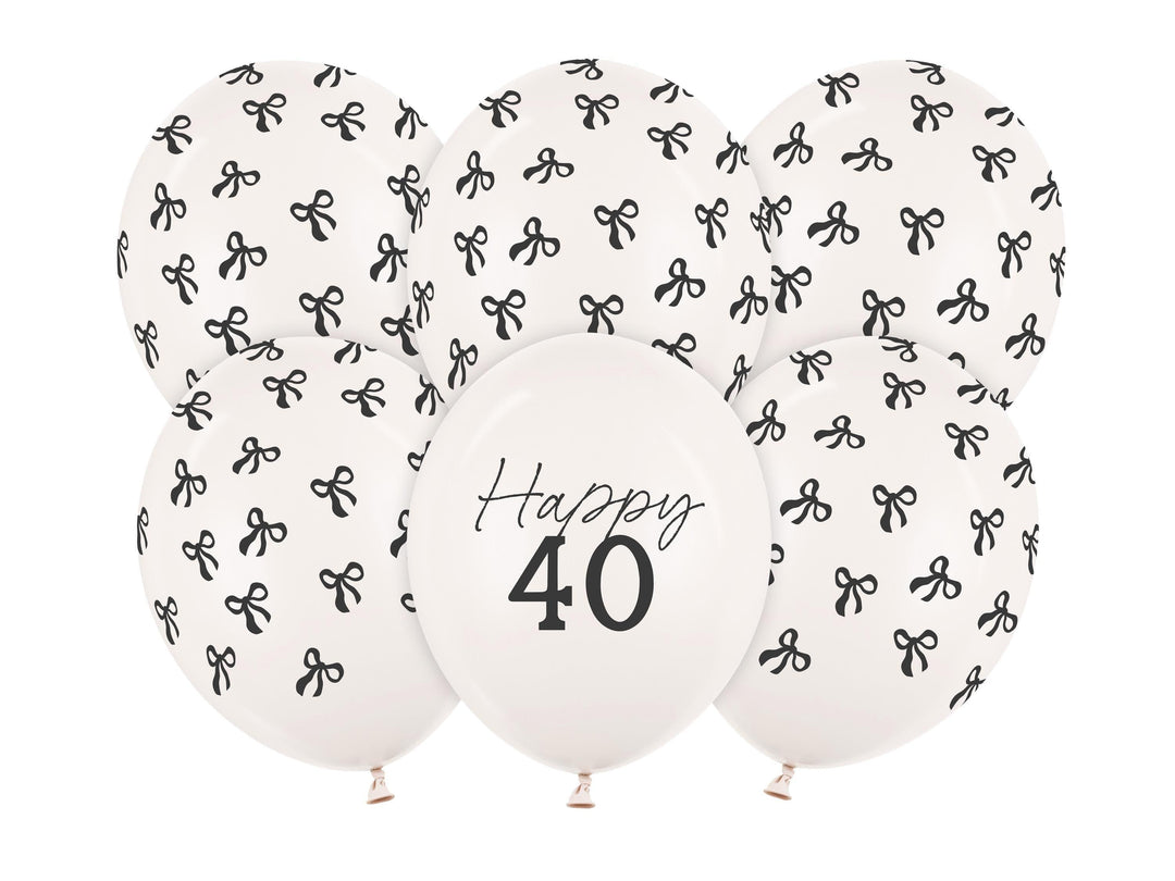 40th Birthday Balloons - Black Bows & Off White Happy 40 Balloon Pack - Coquette Theme - Inflate With Helium Or Air - Pack Of 6 - Jolie Fete UK