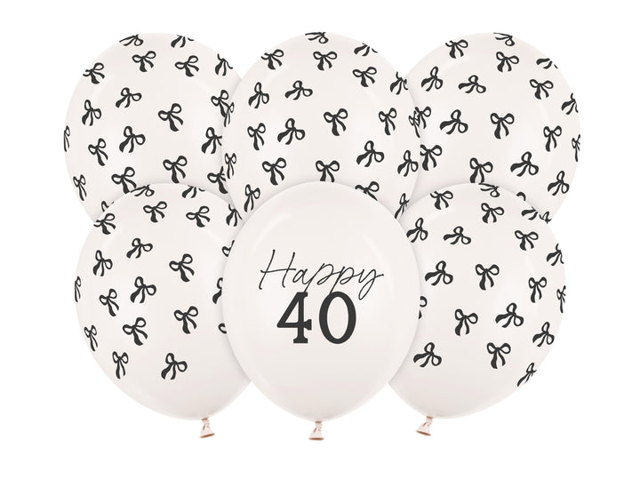 40th Birthday Balloons - Black Bows & Off White Happy 40 Balloon Pack - Coquette Theme - Inflate With Helium Or Air - Pack Of 6 - Jolie Fete UK
