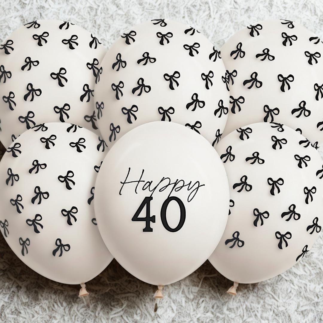 40th Birthday Balloons - Black Bows & Off White Happy 40 Balloon Pack - Coquette Theme - Inflate With Helium Or Air - Pack Of 6 - Jolie Fete UK