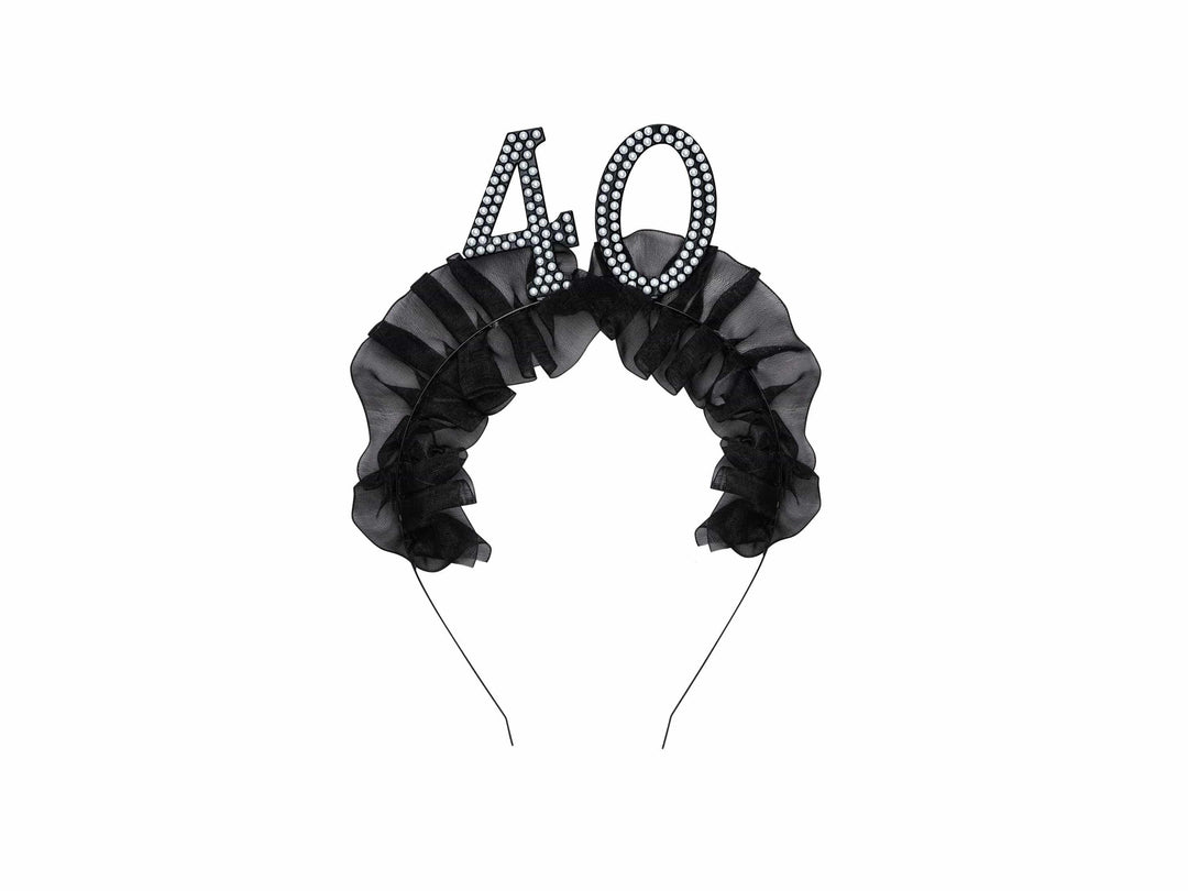 40th Birthday Headband – Black Ruffle Hairband With Pearl 40 - Luxury Birthday Crown for Fortieth Birthday - Elegant Party Accessory - Jolie Fete UK