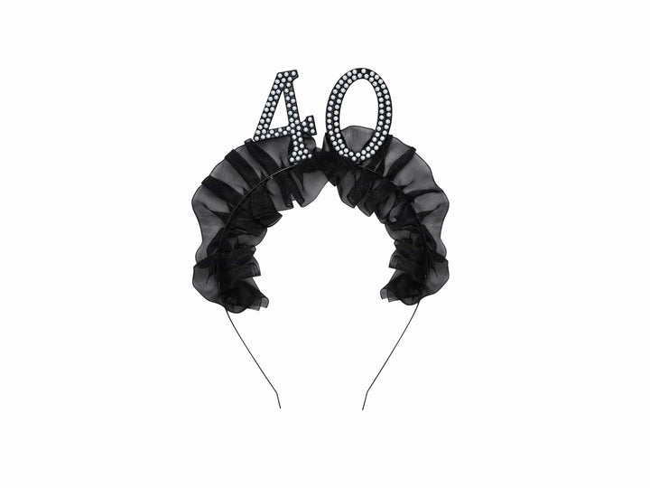40th Birthday Headband – Black Ruffle Hairband With Pearl 40 - Luxury Birthday Crown for Fortieth Birthday - Elegant Party Accessory - Jolie Fete UK