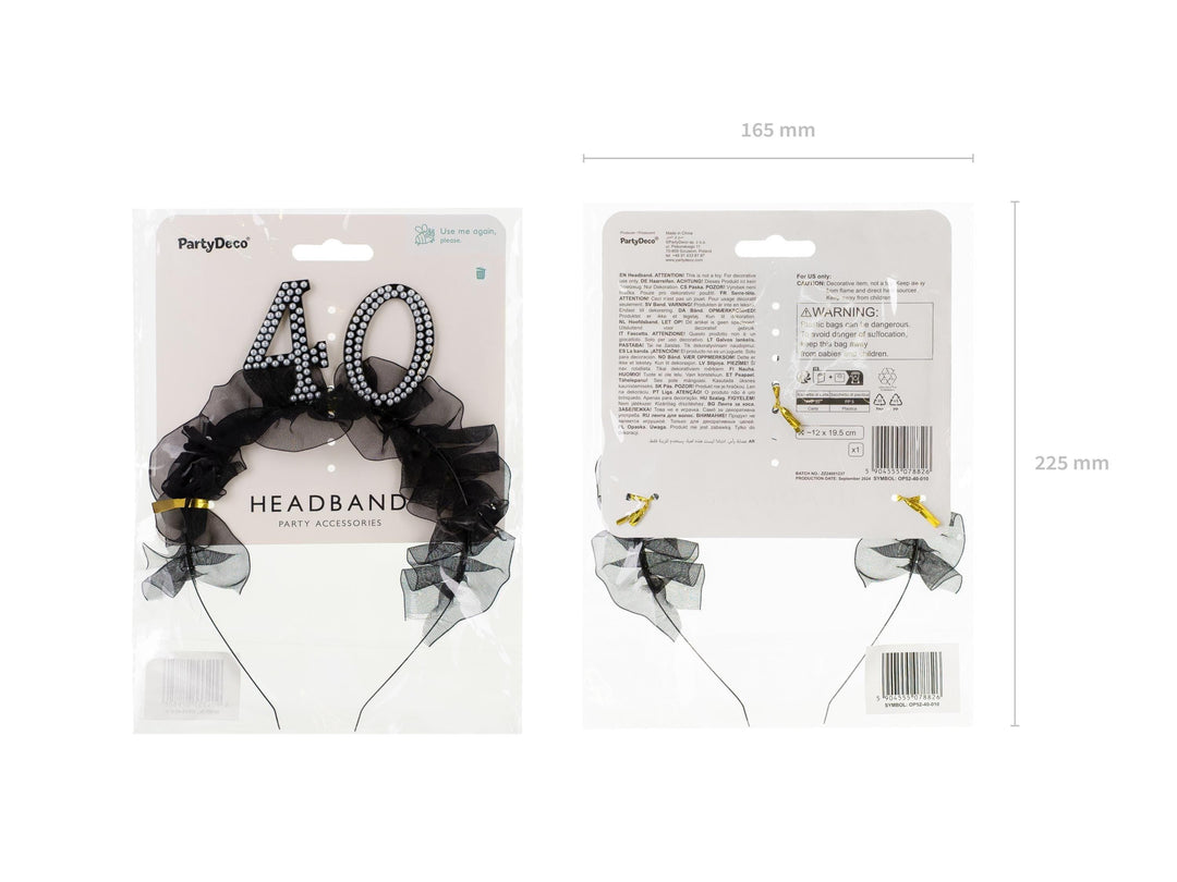 40th Birthday Headband – Black Ruffle Hairband With Pearl 40 - Luxury Birthday Crown for Fortieth Birthday - Elegant Party Accessory - Jolie Fete UK