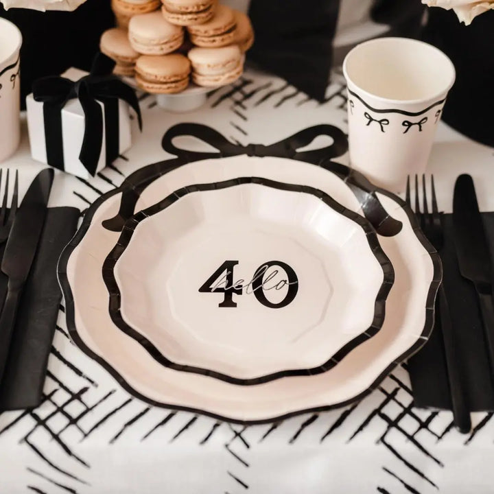 40th Birthday Paper Plates - Hello 40 Milestone Birthday-Cream & Black Party Paper Plates-Modern Party Tableware for 40th Birthday-Pack Of 6 - Jolie Fete UK