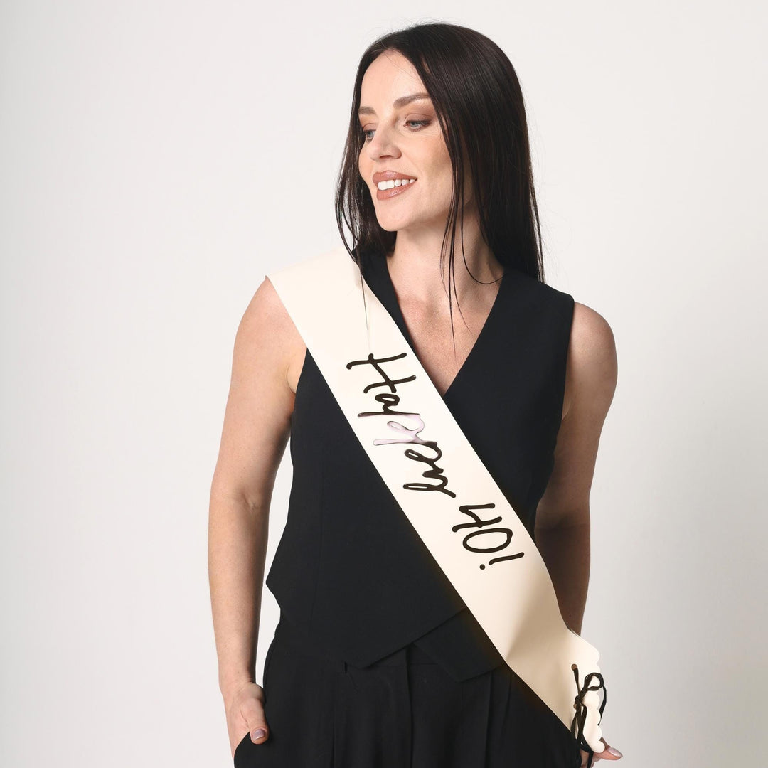 40th Birthday Sash With Velvet Ribbon – Paper Happy 40! Milestone Sash - Black Script - Black and Cream Birthday Accessory for 40th Birthday - Jolie Fete UK