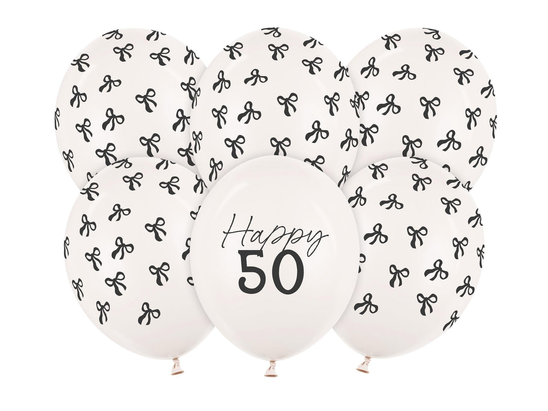 50th Birthday Balloons - Black Bows & Off White Happy 50 Balloon Pack - Coquette Theme - Inflate With Helium Or Air - Pack Of 6 - Jolie Fete UK