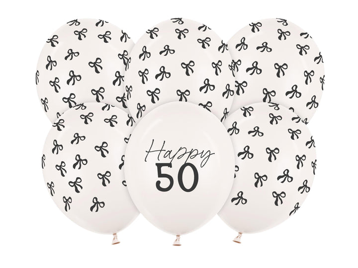 50th Birthday Balloons - Black Bows & Off White Happy 50 Balloon Pack - Coquette Theme - Inflate With Helium Or Air - Pack Of 6 - Jolie Fete UK