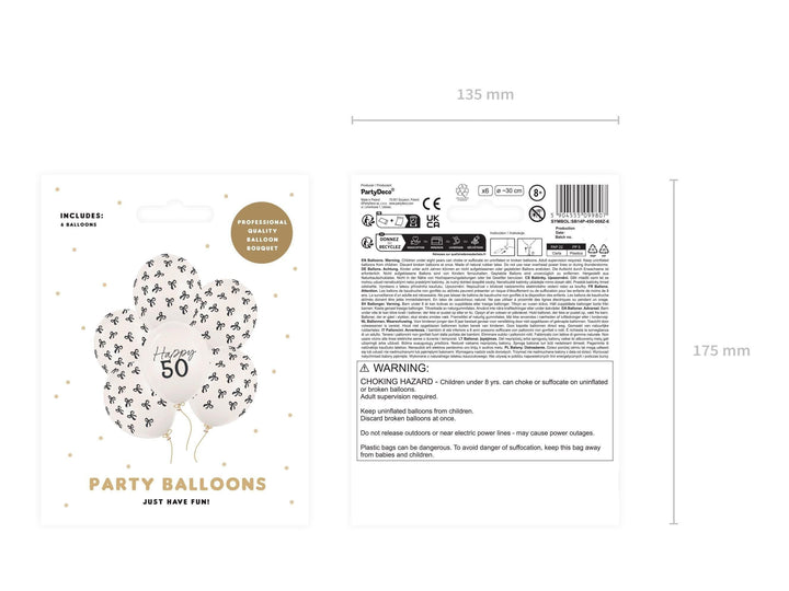 50th Birthday Balloons - Black Bows & Off White Happy 50 Balloon Pack - Coquette Theme - Inflate With Helium Or Air - Pack Of 6 - Jolie Fete UK