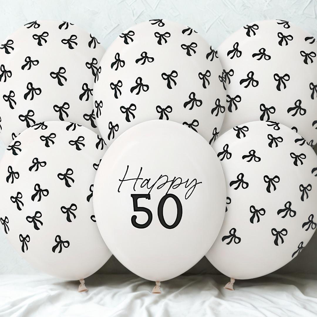 50th Birthday Balloons - Black Bows & Off White Happy 50 Balloon Pack - Coquette Theme - Inflate With Helium Or Air - Pack Of 6 - Jolie Fete UK