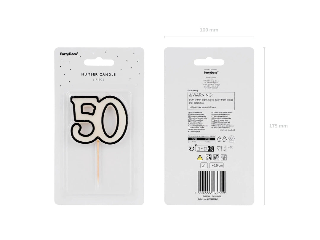 50th Birthday Cake Candle – Milestone Number Candle - Monochrome Black & White - Modern Cake Topper For 50 Birthday Party - Cake Decoration - Jolie Fete UK