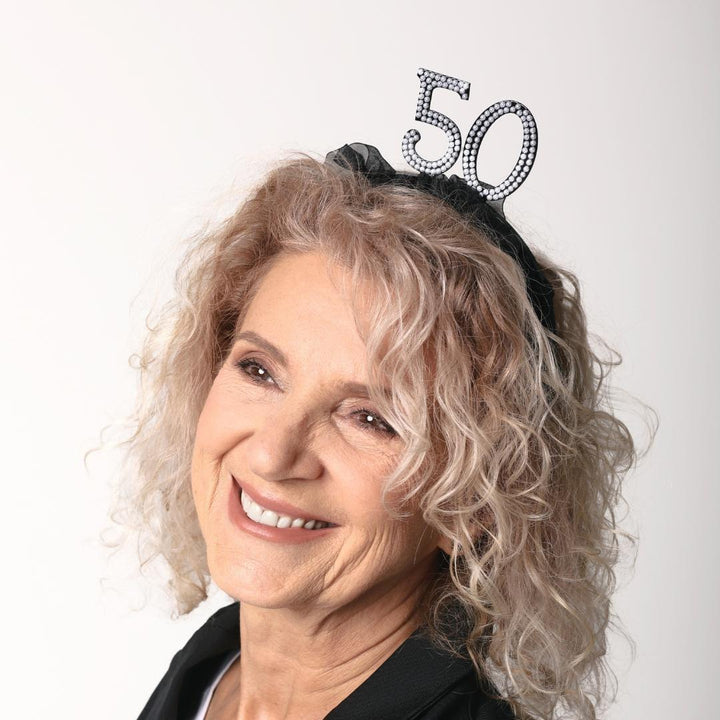 50th Birthday Headband – Black Ruffle Hairband With Pearl 50 - Luxury Birthday Crown for Fiftieth Birthday - Elegant Party Accessory - Jolie Fete UK