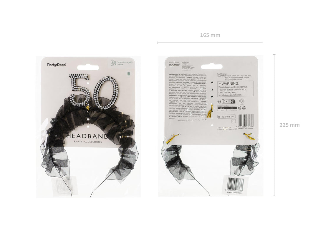 50th Birthday Headband – Black Ruffle Hairband With Pearl 50 - Luxury Birthday Crown for Fiftieth Birthday - Elegant Party Accessory - Jolie Fete UK