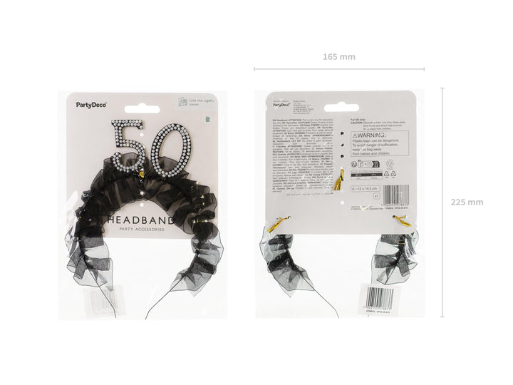 50th Birthday Headband – Black Ruffle Hairband With Pearl 50 - Luxury Birthday Crown for Fiftieth Birthday - Elegant Party Accessory - Jolie Fete UK
