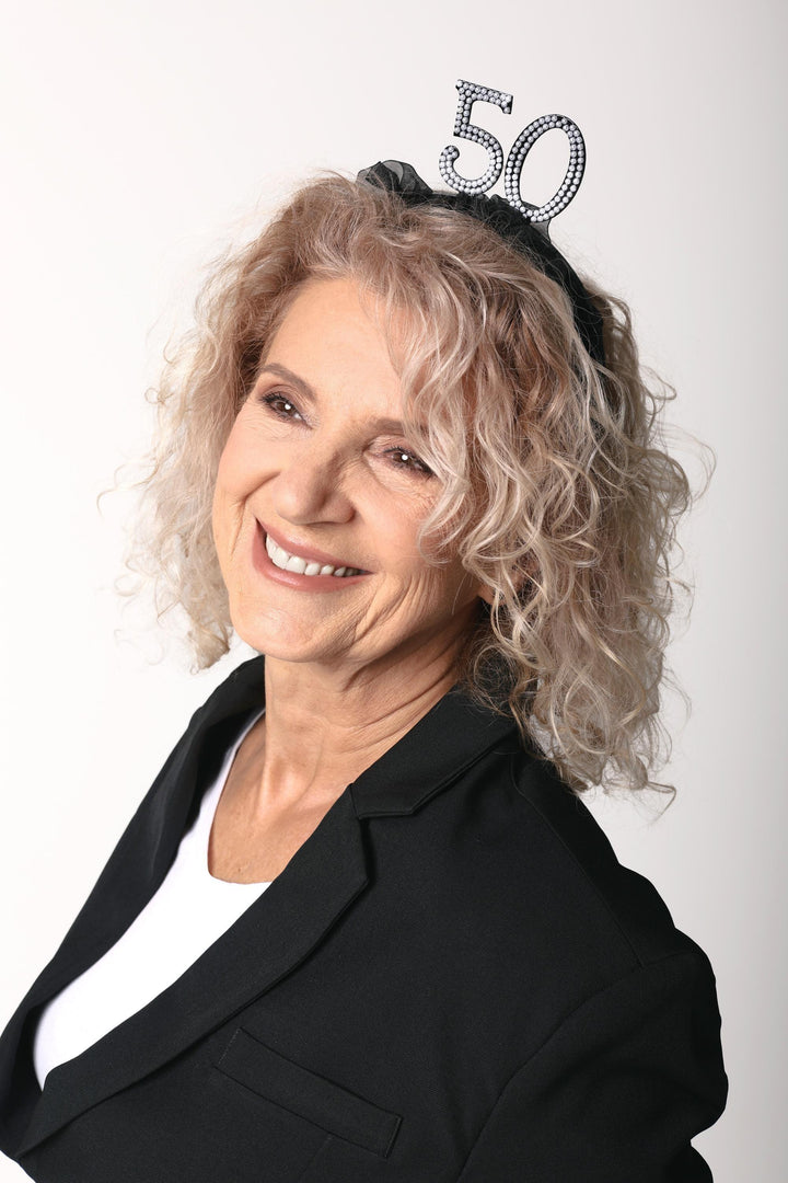 50th Birthday Headband – Black Ruffle Hairband With Pearl 50 - Luxury Birthday Crown for Fiftieth Birthday - Elegant Party Accessory - Jolie Fete UK