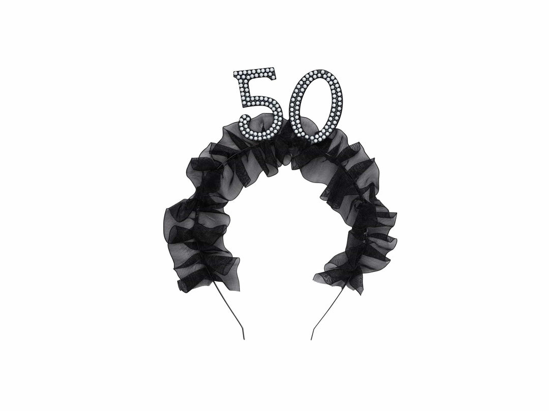 50th Birthday Headband – Black Ruffle Hairband With Pearl 50 - Luxury Birthday Crown for Fiftieth Birthday - Elegant Party Accessory - Jolie Fete UK