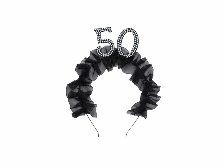 50th Birthday Headband – Black Ruffle Hairband With Pearl 50 - Luxury Birthday Crown for Fiftieth Birthday - Elegant Party Accessory - Jolie Fete UK
