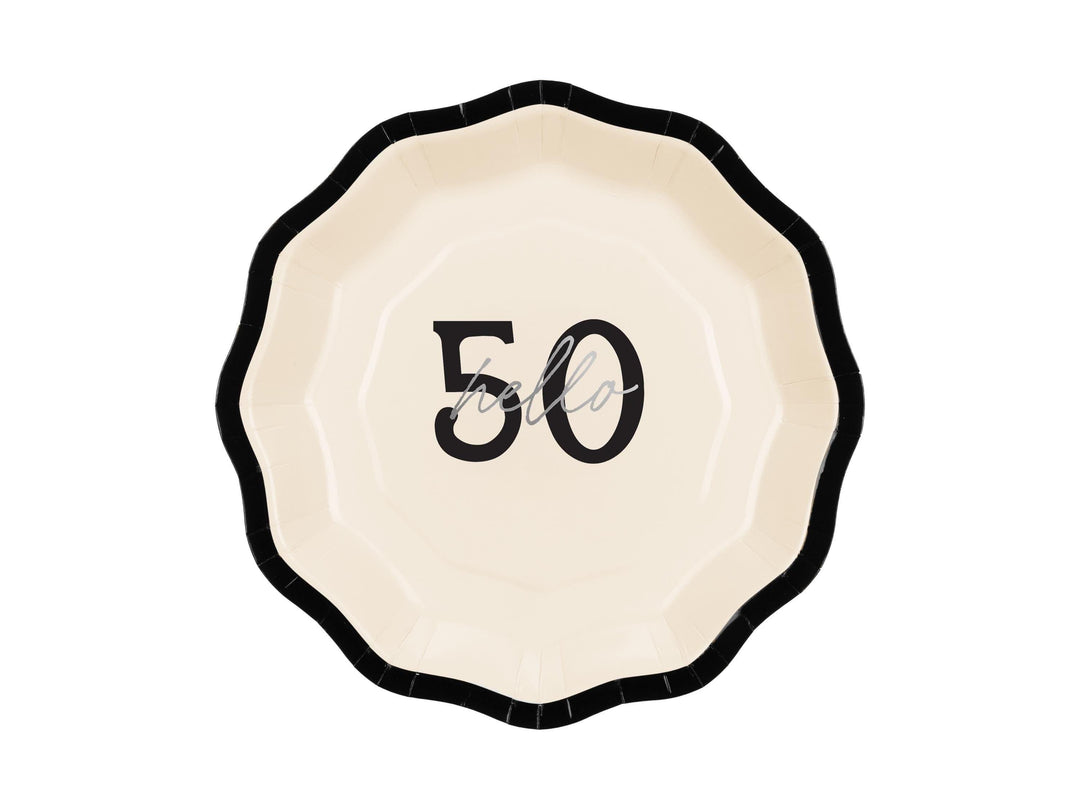 50th Birthday Paper Plates - Hello 50 Milestone Birthday-Cream & Black Party Paper Plates-Modern Party Tableware for 50th Birthday-Pack Of 6 - Jolie Fete UK