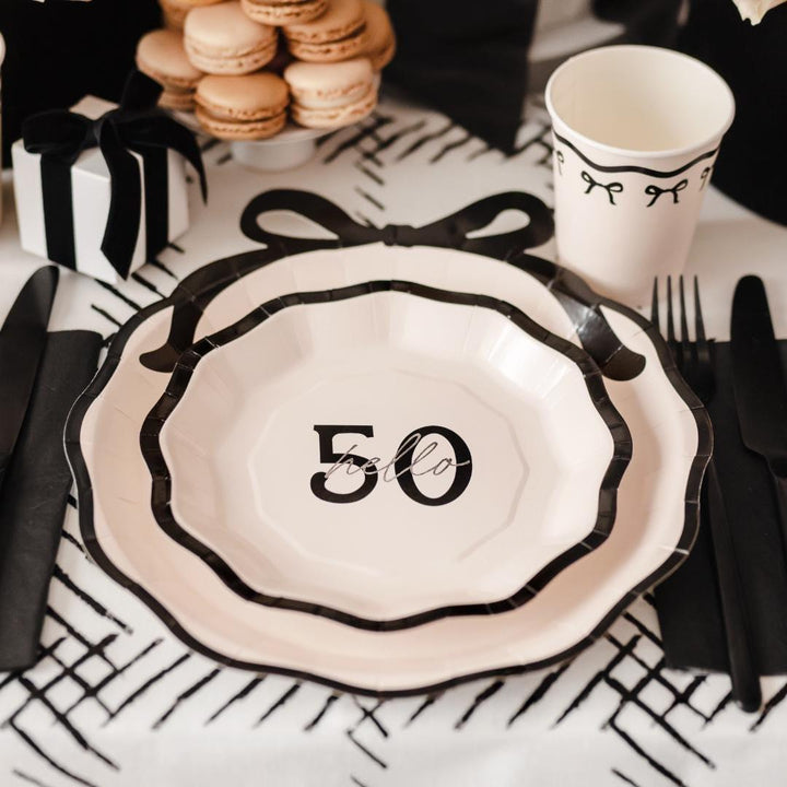 50th Birthday Paper Plates - Hello 50 Milestone Birthday-Cream & Black Party Paper Plates-Modern Party Tableware for 50th Birthday-Pack Of 6 - Jolie Fete UK