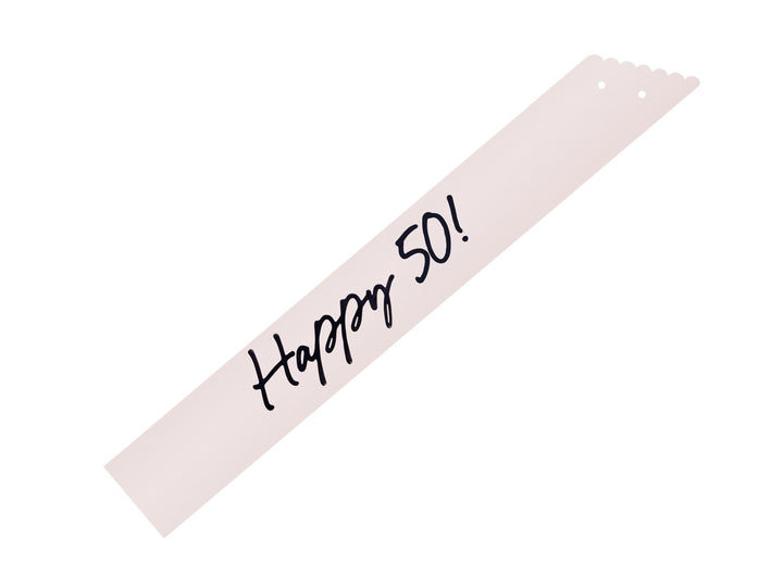 50th Birthday Sash With Velvet Ribbon – Paper Happy 50! Milestone Sash - Black Script - Black and Cream Birthday Accessory for 50th Birthday - Jolie Fete UK