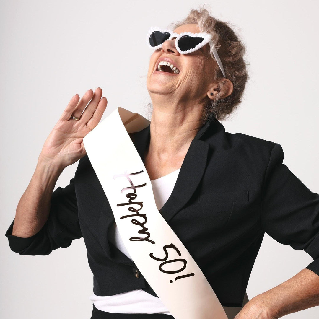 50th Birthday Sash With Velvet Ribbon – Paper Happy 50! Milestone Sash - Black Script - Black and Cream Birthday Accessory for 50th Birthday - Jolie Fete UK