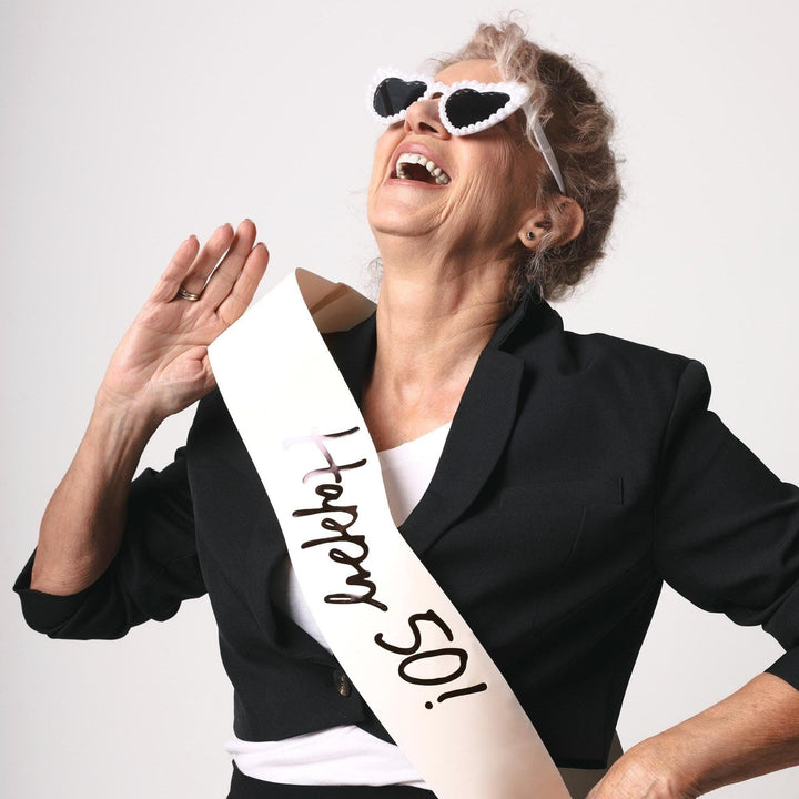 50th Birthday Sash With Velvet Ribbon – Paper Happy 50! Milestone Sash - Black Script - Black and Cream Birthday Accessory for 50th Birthday - Jolie Fete UK