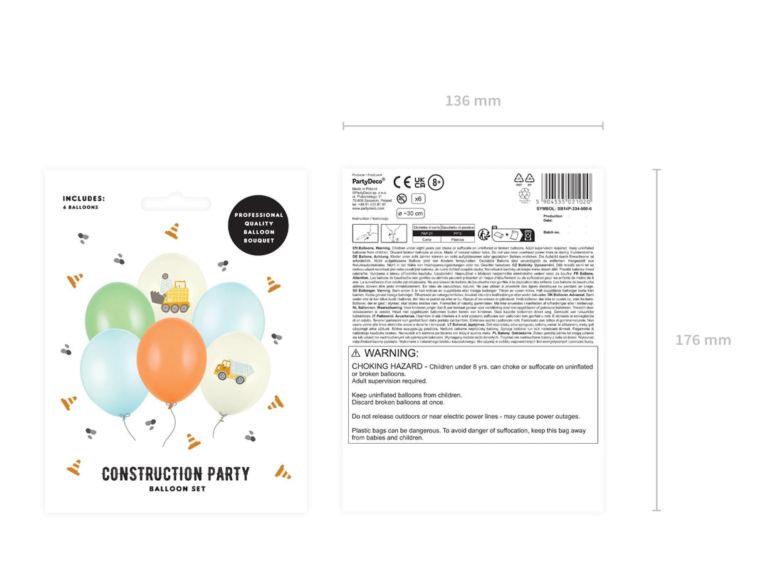 Construction Party Balloons - Digger Vehicle Decorations - Truck Birthday Balloon - Cream Balloons - Construction Theme Party - Pack Of 6 - Jolie Fete UK