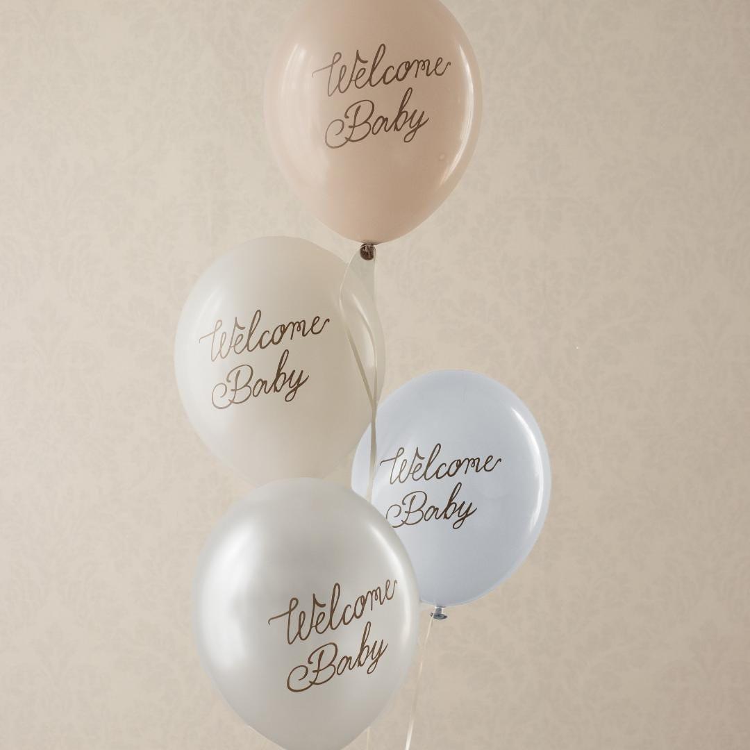 6 x Welcome Baby Balloons - Blue, Beige & White With Gold Script - Gender Neutral Baby Shower Decor - Newborn Party Supplies - 4 Colour Pack - Jolie Fete UK