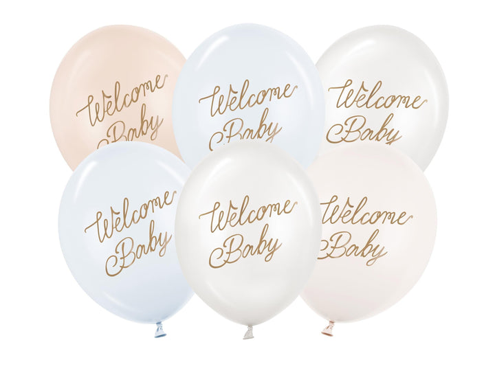 6 x Welcome Baby Balloons - Blue, Beige & White With Gold Script - Gender Neutral Baby Shower Decor - Newborn Party Supplies - 4 Colour Pack - Jolie Fete UK