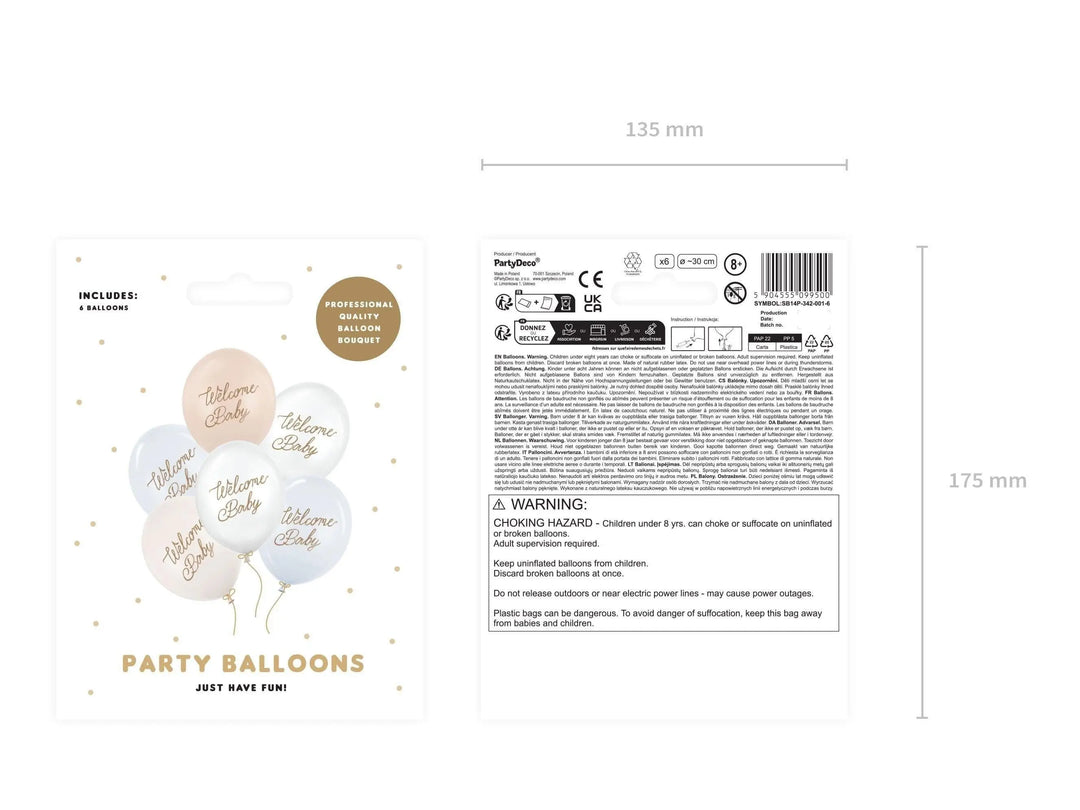 6 x Welcome Baby Balloons - Blue, Beige & White With Gold Script - Gender Neutral Baby Shower Decor - Newborn Party Supplies - 4 Colour Pack - Jolie Fete UK