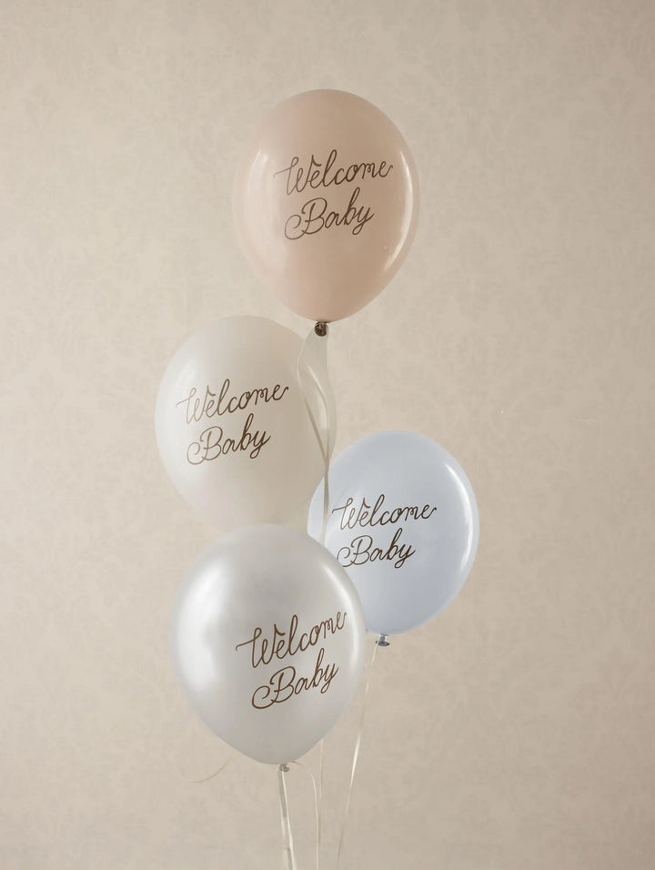 6 x Welcome Baby Balloons - Blue, Beige & White With Gold Script - Gender Neutral Baby Shower Decor - Newborn Party Supplies - 4 Colour Pack - Jolie Fete UK