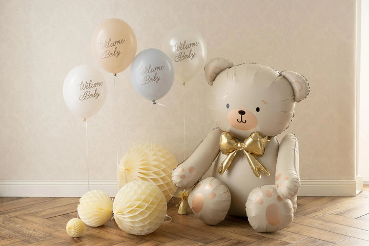 6 x Welcome Baby Balloons - Blue, Beige & White With Gold Script - Gender Neutral Baby Shower Decor - Newborn Party Supplies - 4 Colour Pack - Jolie Fete UK