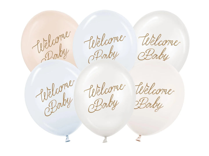 6 x Welcome Baby Balloons - Blue, Beige & White With Gold Script - Gender Neutral Baby Shower Decor - Newborn Party Supplies - 4 Colour Pack - Jolie Fete UK