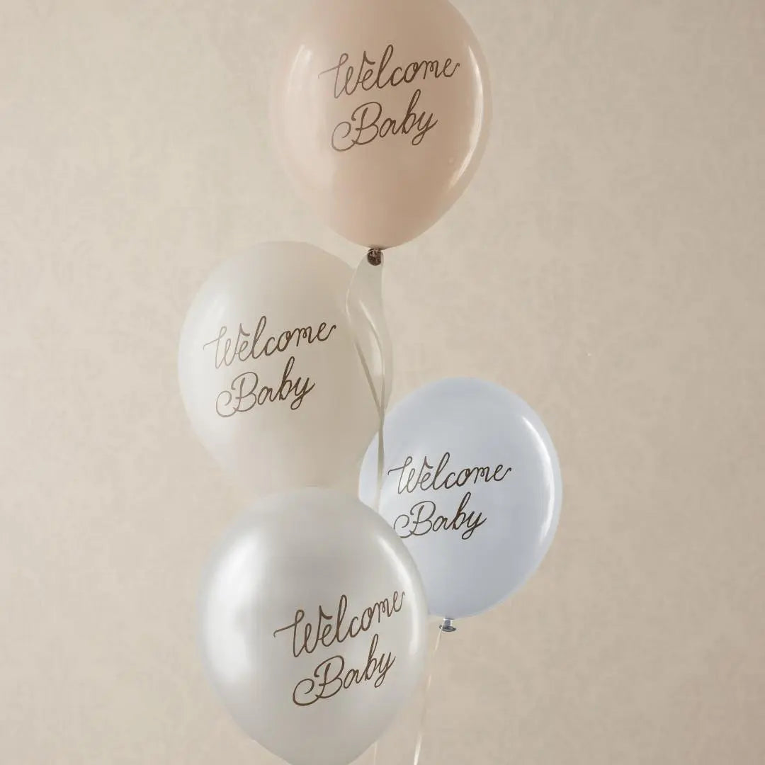 6 x Welcome Baby Balloons - Blue, Beige & White With Gold Script - Gender Neutral Baby Shower Decor - Newborn Party Supplies - 4 Colour Pack - Jolie Fete UK