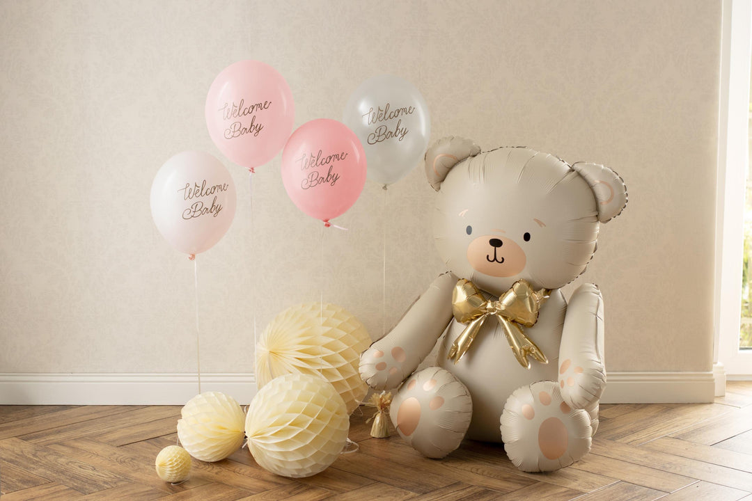 6 x Welcome Baby Balloons - Pink & White With Gold Script - Gender Neutral Baby Shower Decor - Newborn Party Supplies - 4 Colour Pack - Jolie Fete UK