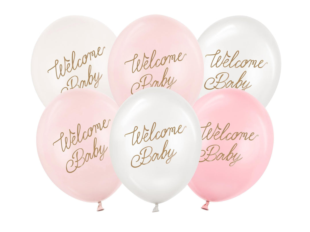 6 x Welcome Baby Balloons - Pink & White With Gold Script - Gender Neutral Baby Shower Decor - Newborn Party Supplies - 4 Colour Pack - Jolie Fete UK