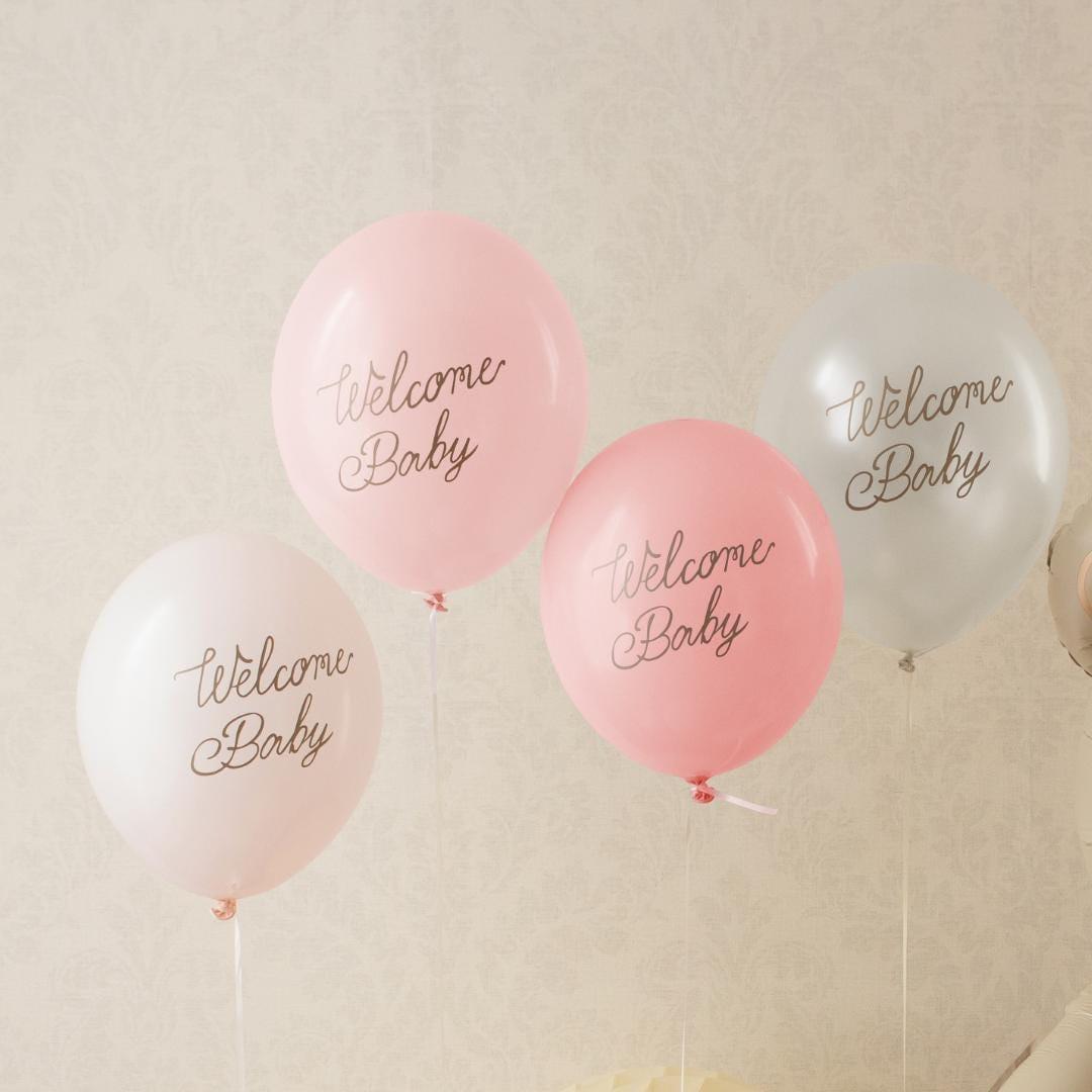 6 x Welcome Baby Balloons - Pink & White With Gold Script - Gender Neutral Baby Shower Decor - Newborn Party Supplies - 4 Colour Pack - Jolie Fete UK