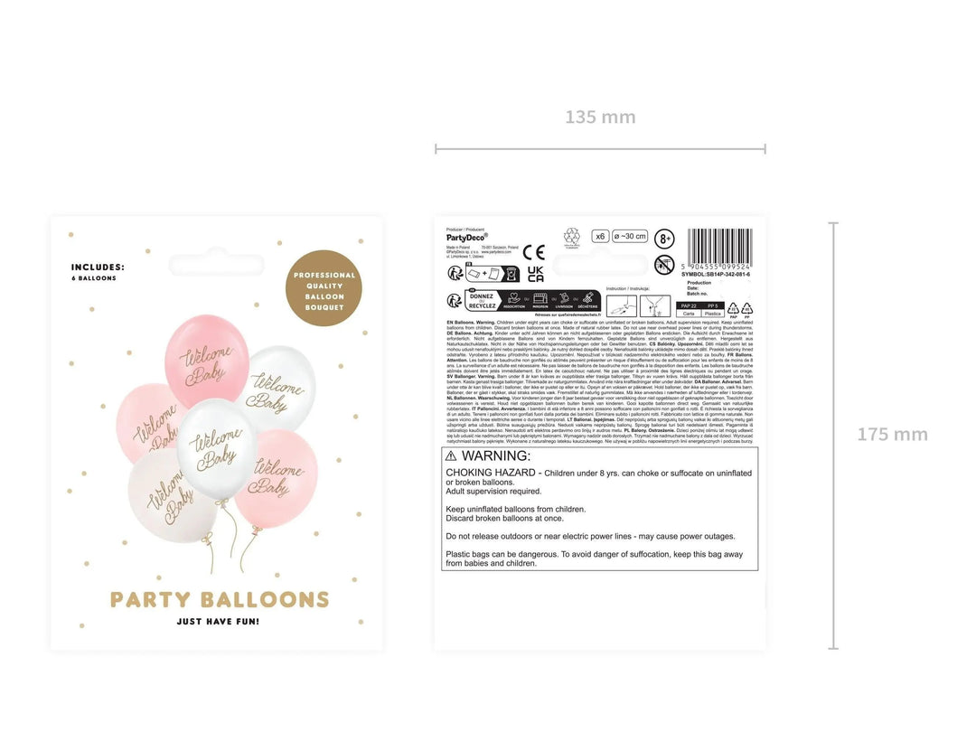 6 x Welcome Baby Balloons - Pink & White With Gold Script - Gender Neutral Baby Shower Decor - Newborn Party Supplies - 4 Colour Pack - Jolie Fete UK