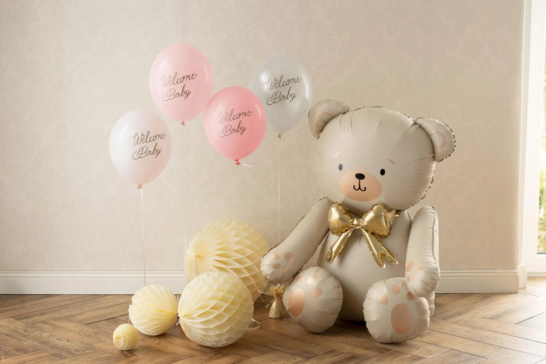 6 x Welcome Baby Balloons - Pink & White With Gold Script - Gender Neutral Baby Shower Decor - Newborn Party Supplies - 4 Colour Pack - Jolie Fete UK
