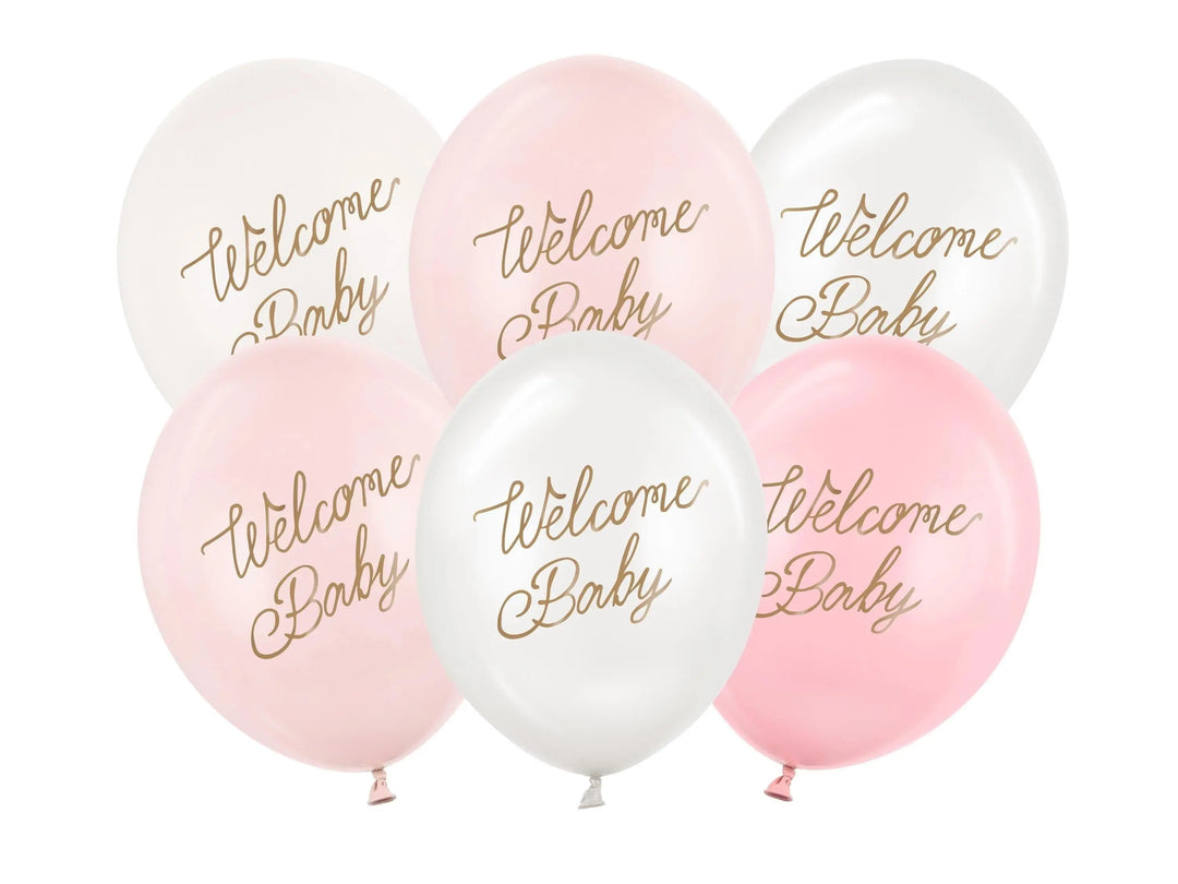 6 x Welcome Baby Balloons - Pink & White With Gold Script - Gender Neutral Baby Shower Decor - Newborn Party Supplies - 4 Colour Pack - Jolie Fete UK