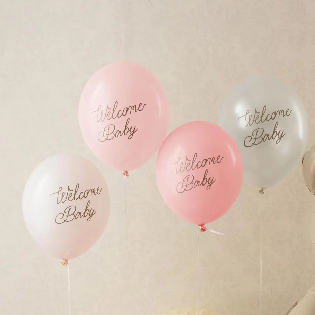 6 x Welcome Baby Balloons - Pink & White With Gold Script - Gender Neutral Baby Shower Decor - Newborn Party Supplies - 4 Colour Pack - Jolie Fete UK